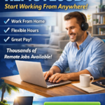 A smiling man wearing headphones working on a laptop at a desk with a coffee cup and notebook, promoting remote job opportunities.