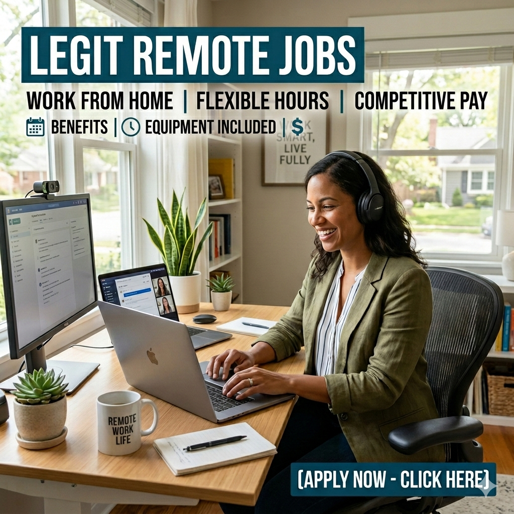 A woman working from home at a desk with multiple screens, wearing a headset and smiling while engaging in remote work.