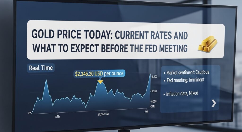 A digital display showing gold price statistics, with a chart indicating fluctuations in price over time. The current price is displayed as $2,345.20 USD per ounce. Additional information includes market sentiment, Fed meeting status, and inflation data.