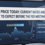 A digital display showing gold price statistics, with a chart indicating fluctuations in price over time. The current price is displayed as $2,345.20 USD per ounce. Additional information includes market sentiment, Fed meeting status, and inflation data.
