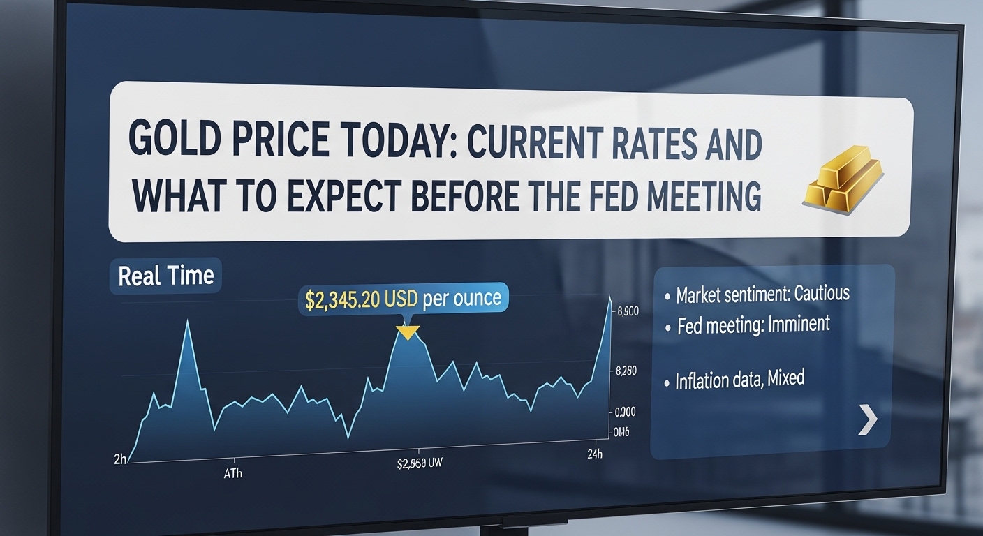 A digital display showing gold price statistics, with a chart indicating fluctuations in price over time. The current price is displayed as $2,345.20 USD per ounce. Additional information includes market sentiment, Fed meeting status, and inflation data.