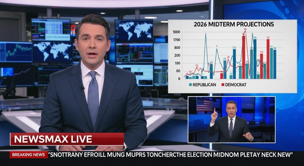 Newsmax host presenting political analysis with a graph of the 2026 midterm projections showing Republican and Democrat trends. Background features financial data screens.